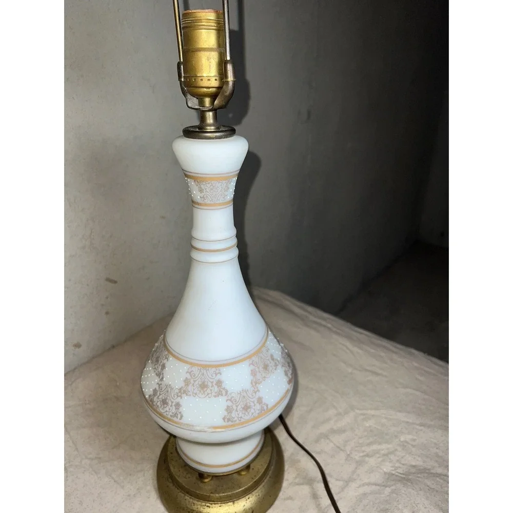 Vintage Leviton Porcelain Lamp Brass Patina White Gold Floral Glamour Style